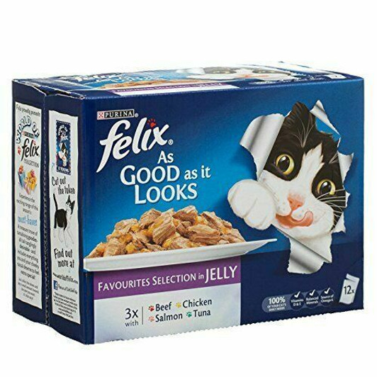 Felix As Good as it looks is a new type of cat food which looks and smells so meaty it is just like food you cook yourself. Specially prepared with tender juicy steaklets in a succulent jelly. It tastes so delicious that your cat will find it so irresistible at every meal time.