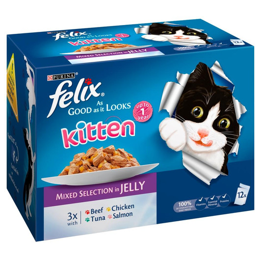 These recipes have been developed with tender pieces of meat and fish, including beef, chicken, tuna and salmon so your kitten can enjoy the variety of delicious flavours and enticing aromas at every meal.

The early stages in your kitten's life are crucial to his development, which is why this FELIX As Good As It Looks Kitten Mixed Selection in Jelly kitten food has been specially formulated to provide 100% of your kittens daily needs.

A combination of proteins, vitamins and essential minerals have been included to help build strong, muscles, bones and teeth to become a healthy and happy adult cat.