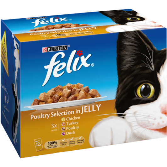 These cat food wet pouches from Felix are made with high quality ingredients, these pouches contain the essential vitamins, minerals and Omega 6 fatty acids your cat needs for a healthy diet.  Each chunk in jelly is flavoured with a full tasty, poultry flavour that your cat is sure to love.  With no added artifical flavourings, colourants or artificial preservatives, they are packed full of goodness and satisfy your cat's daily feeding needs when served according to the feeding guidelines.