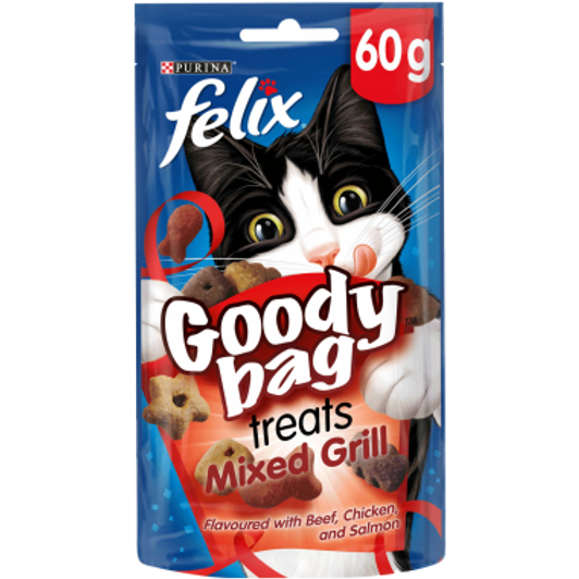 Felix Goody Bags are full of an irresistible, colourful mix of meaty and fishy treats that are all full of enticing aromas, delicious flavours and appealing textures. With three irresistible flavours in every bag, they’re triple the treat!