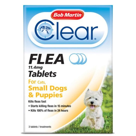 As soon as you spot a symptom of fleas, you don’t want to hang around - luckily, these Bob Martin Clear Cat & Dog Flea Tablets are on hand to lead the fightback!

Cats, small dogs and puppies (under 11 kilograms) and large dogs (over 11 kilograms) are all catered for with the same efficiency and effectiveness! Giving your pet their dose couldn’t be easier – the size of the tablets makes them perfect for feeding individually or subtly slipping into food during mealtimes.

Once the tablet has been taken, you can be reassured that the little critters are being tackled within 15 minutes, and relief is provided in just 24 hours. Each pack contains three tablets, so a second or third dose is handily catered for too – just remember to treat your home too!

Features