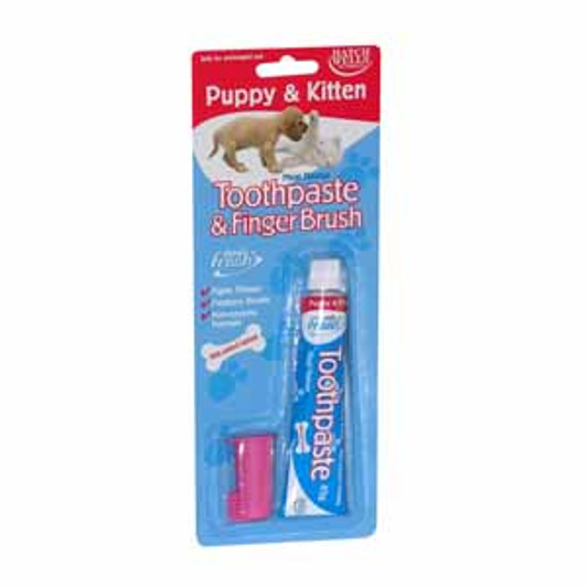 This Dentifresh Toothpaste Kit is perfect at keeping your Puppy or Kittens teeth clean.

The effective toothpaste kit contains meat flavoured toothpaste with added calcium and a soft rubber finger toothbrush.

Using the kit on your pup or kitten is safe for prolonged use and helps fight their plaque whilst it also freshens their breath.

The best way to achieve hassle free pet tooth cleaning is to get your puppy or kitten gradually accustomed to having their mouth, teeth and gums carefully handled as soon as possible, do this by gently massaging the mouth area from an early age, in a comfortable environment for you both.

Once this process has been accepted by your pet, introduce a small amount of our toothpaste on your finger and let your pet lick it off.

Thereafter try massaging this into the teeth with your finger and then use the Finger Toothbrush - on a daily basis.