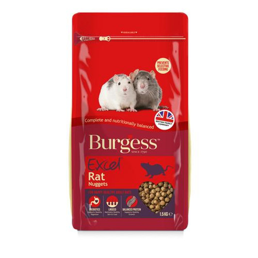 The Burgess Excel Rat Nuggets are an all-in-one meal created especially for your pet rats’ needs as omnivores. Each delicious nugget contains the perfect combination of vitamins, minerals and nutrients.

The nuggets prevent selective feeding – unlike muesli-style foods where rats often pick out sweet bits and leave the rest, leading to an imbalanced diet. Burgess Excel Rat Nuggets provide a tasty, balanced, healthy diet with added minerals to help maintain beautiful coat colour and prebiotics to encourage friendly bacteria for a healthy digestion.Linseed is added to help maintain a healthy coat

The nugget size has been specifically set to promote the natural gnawing behaviour that is so vital for rats’ dental and emotional health.

Introduce Burgess Excel Rat Nuggets to your rat by gradually mixing in the new food with the old over a period of 7-10 days until the new food completely replaces the old diet

Always ensure fresh clean water is available for your rat.