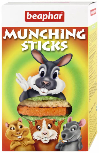 A healthy treat for rabbits, guinea pigs, hamsters, chinchillas and other small rodents. Beaphar Munching Sticks contain valuable nutrients that are fully preserved through the special production process (extrusion). Munching Sticks improve digestion and satisfy the animal’s need to gnaw.