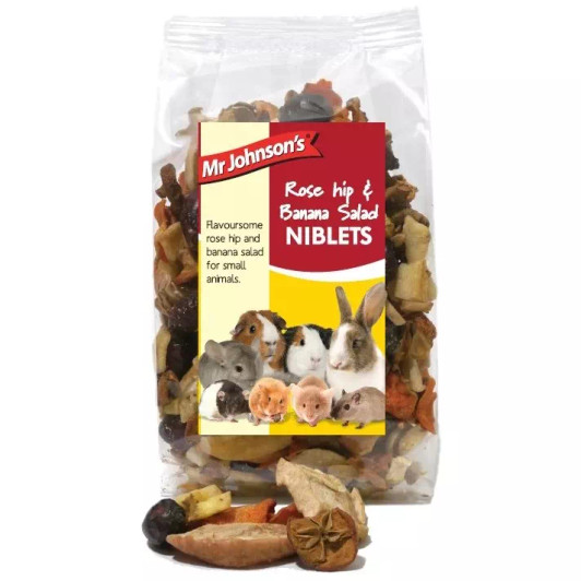 A compliamentary feed for small animals suitable for Rabbits, Guinea Pigs, Hamsters, Rats Mice Gerbils & Chinchillas. Mr Johnsons Rosehip & Banana Salad Niblets is a berry fruit & vegetable blend that can add real variety to your pets diet.