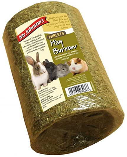 Great fun for all Rabbits, Guinea Pigs, and Chinchillas. Hours of fun playing with, hiding in and chewing this extra thick parchment burrow covered inside and out with natural meadow hay.