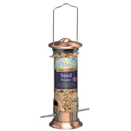 Walter Harrisons Cast Copper Plated Seed Feeder has a distinctive copper plated die-cast zinc top and base, which means they look great in any garden setting all year round and are also extremely hard wearing.