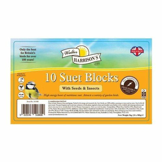 High energy boost of nutritious suet blocks with seeds and insects. Packed with energy and essential oils Suet Blocks are 100% edible, meaning no waste and no mess. Can be fed all year round but is particularly beneficial during the Winter and Spring months when natural food is scarce. Will attract a variety of birds to your garden and can be fed from a Suet cage feeder, a bird table or on the ground.