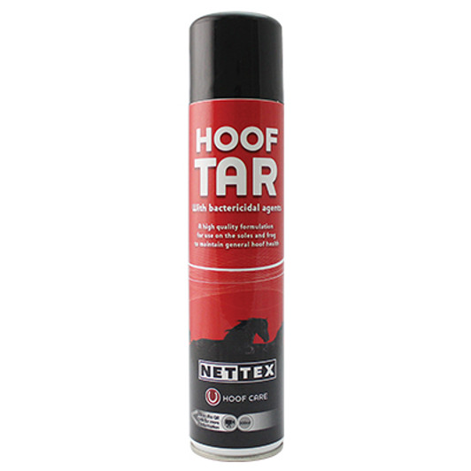 Nettex Hoof Tar is a traditional antibacterial disinfectant in an easy-to-use aerosol spray. It is a simpler, more effective version of Stockholm Tar, with less mess and less waste. Nettex Hoof Tar produces a barrier to protect the sole of the hoof.

Antibacterial and disinfectant properties.
Maintains a healthy sole and frog, and is ideal to be used after minor puncture wounds.
Water resistant, yet breathable.
Produces a film that prevents the re-entry of dirt.
keeps the sole of the hoof healthy all year round.
Nettex Hoof Tar is part of your essential hoof management regime to maintain healthy, trouble free feet.