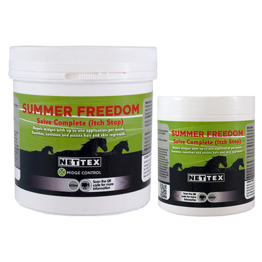 Nettex Summer Freedom (previously known as Itch Stop) is an advanced salve which helps repel and protect against insects and biting flies. This unique formulation also contains margosa (neem) and eucalyptus and has wonderfully soothing and disinfecting properties. Here are some top tips to get the most out of this summer season:

Preventative strategies are the key to itch control.
Start early! Use Summer Freedom as the weather warms with a once weekly application.
Soothe, sanitise and disinfect minor sores with Summer Freedom and help break the itch, scratch cycle.
Summer Freedom repels against new bites and supports hair regrowth.
Weather resistant, simple to apply and will not matt the horse’s hair.
We do not recommend you apply under fly masks as may cause irritation.
If using product for the first time we always recommend a patch test first.
Ideal to apply around sarcoids to help prevent irritation from flies.
We also recommend bathing where or when necessary to remove build-up of grime and dirt with everyday conditioning shampoo. This is kind to skin and does not strip coat of natural oils.
