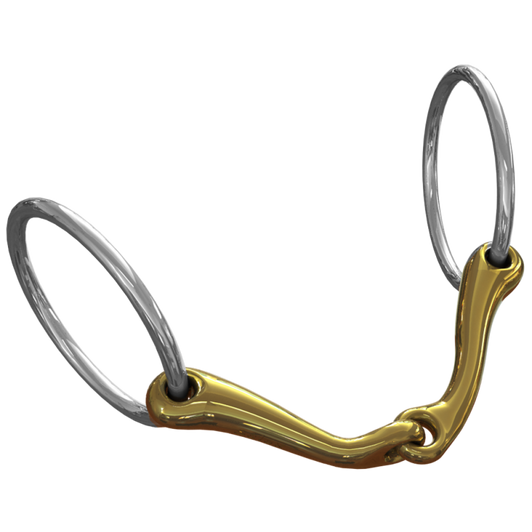 Although single jointed, this bit is ergonomically designed to eradicate the ‘nutcracker’ action and consequent problems that the traditional straight-armed single jointed snaffle often causes. The cleverly curved mouthpiece prevents it from moving too far forwards in the mouth reducing pressure on the thinner more sensitive part of the tongue. It sweeps slightly away from the corner of the lip to lessen any chance of rubbing and the curvature down towards the bars achieves a gentle more even weight bearing surface. This design is very beneficial for horses that back off or only offer an intermittent contact or for the very rare occasion when a horse does not find a lozenge comfortable.