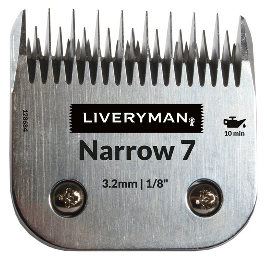 The Liveryman No 7 narrow blade is a snap on type blade which fits the Liveryman Harmony, Harmony Plus and other machines that have the snap on blade system.  For example - Lister Libretto, Heiniger Saphir, Liveryman Bruno, Oster, Andis.

It is a pre-tensioned blade which snaps on to the latch situated inside the headpiece of the clipper.

This blade cuts to approximately 3.2mm depth and is suitable for using on a thicker coat or a coat with coarse hair as the skip tooth design enables the blades to get into the coat and cut.