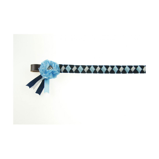 Finished with equisite rosettes and hand-plaited on 1/2" (12.7mm) leather, ShowQuest's Skipton Browband is made using velvet ribbon, accompanied by satin and lurex ribbons running through the centre of its diamond design.