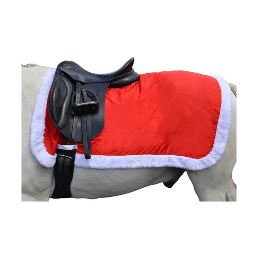 This festive red fleece exercise sheet with synthetic white fur trim is the perfect addition for any Christmas outing. Girth loops provide a secure fit to make this fully functional. Everyone can join in the fun with this design, available in three different sizes to suit a range of ponies and horses.