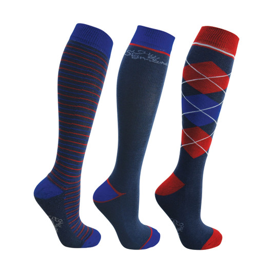 A brand new pack of three socks to match with the rest of the Hy signature range. Benefiting from advanced moisture wicking due to the bamboo properties, these socks aid breathability of the foot to keep you comfortable whilst riding. The socks also feature padding heel to toe which help support the foot in the riding boot. Each pair of socks feature a different pattern including the traditional argyle pattern on one pair. The perfect socks for everyday wear.