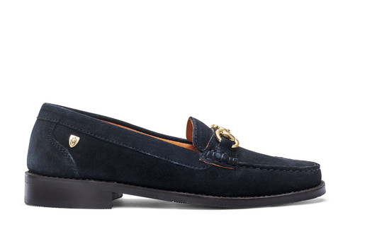 Smart classic Rosa loafers are crafted from soft suede and are luxuriously lined in leather. Italian suede leather. Full leather linings. Gold colour horse bit trims. Leather comfort insoles. Suede heel grips. Premium composite soles. Moretta gold colour stud badge.