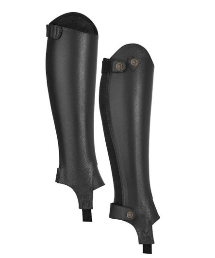 Soft grain leather gaiters to achieve the smart appearance of long riding boots but with the comfort and flexibility of gaiters. Rear elastic calf panels combined with soft leather for a close fit that moulds to the leg, dressage cut tops, full length zips, elastic foot stirrups, stretch zip tidy straps, bound edges.