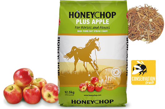 Honeychop Plus Apple is a high fibre oat straw chaff combined with human grade apple pieces and apple flavouring to tempt even the fussiest of  feeders. Made with Conservation Grade oat straw, it is ideal to accompany concentrate feeds to slow eating time and to help aid digestion.

Honeychop Plus Apple is excellent for helping mask the addition of any supplements, additives, or medication you made need to add with its great apple flavour.

It provides variety in the diet when grazing is limited and can keep horses and ponies occupied when stabled for long periods of time.