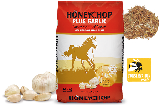 Honeychop Plus Garlic is an oat straw chaff that contains enough garlic in a 1kg per day serving to eliminate buying extra supplements.

Containing 30 grams of garlic per kg. Feeding just 1kg per day is the equivalent to the recommended daily amount of garlic for a 500kg horse making further garlic supplements unnecessary.

It is also ideal for keeping flies away in the summer months or to mix with supplements or medications as the strong aroma can mask unpalatable smells and flavours.

Garlic is believed to be one of the most effective natural healing substances in the world and is used by many horse and pony owners as a regular equine feed supplement. Over the years garlic has been shown to relieve pain and reduce inflammation. As well as being rich in sulphur, which is recognised as having blood cleansing properties, it has also been used to aid circulation.

Limestone Flour is a calcium supplement for horses, which is vital for healthy growth, strong bones, teeth and hooves.

Honeychop Plus Garlic contains salt at a rate of 25grams per Kg which is the recommended amount for an average horse in light work in a moderate climate. Salt is an essential mineral required by a horse to function normally; a lack of salt can cause loss of performance.