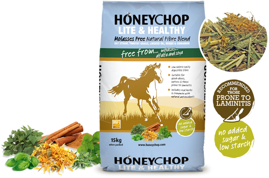 Honeychop Lite & Healthy, free from molasses, is a non-heating low sugar fibre feed suitable for those prone to laminitis. It is coated with linseed and rapeseed oil, including oat straw, timothy grass, herbs, marigolds and cinnamon.

High in omega 3 fatty acids, linseed oil is ideal to promote health and a glossy coat. Blended with our mix of real herbs known for their natural antioxidant properties it is the perfect low sugar palatable fibre feed to add to your horse, pony or donkeys diet.

With a typical sugar content of 3%, which is made up of all natural sugars, you can be sure you will be limiting the sugar intake in your horse, pony or donkey’s diet.

Horses are herbivores, evolved on a diet of grasses, The blend of natural fibres and selected herbs in Honeychop Lite and Healthy will add natural variety to your horse, pony or donkeys diet, mimicking the natural environment in which they should graze.

Linseed Oil is high in omega 3 fatty acids. Linseed (flax seed) oil is ideal to promote health and condition. Rapeseed oil is also a good source of vitamin E and an important aid to digestion. The inclusion of oil helps horses and ponies maintain strong hooves, glossy coats and better all-round condition. It is also known to have beneficial effects for horses with stiff joints.