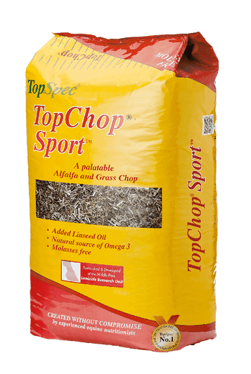 TopChop Sport is a natural product made from a mixture of British meadow grass species and high-temperature dried British alfalfa, dressed with a light coating of cold-pressed linseed oil. TopChop Sport contains no added molasses or any other sugar coating.


The formula for TopChop Sport has been approved by the nutritional team as suitable for all horses and ponies, other than those prone to laminitis and/or those that need to lose weight (TopSpec nutritionists recommend that either TopChop Lite or TopChop Zero is used for horses and ponies in these circumstances).

It is ideal for horses and ponies that find alfalfa chop bitter, perfect for fussy feeders including performance horses.