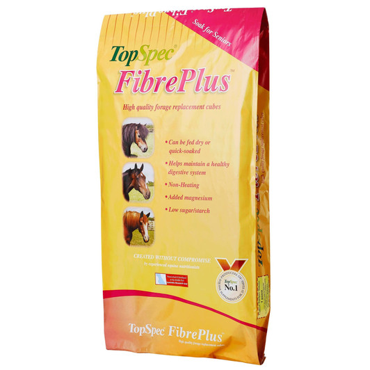 opSpec Fibre Plus Cubes are an excellent highly digestible fibre source, ideal for use as a hay replacer.

Typically 1kg of FibrePlus Cubes will replace 2kg of meadow hay for most horses.

Ideal for elderly horses and ponies with poor teeth
Can be fed dry or soaked to a mash
High quality fibre source
Low in starch and sugar

FibrePlus Cubes are designed to be added to a TopSpec Feed Balancer or supplement and therefore contain no added vitamins or trace-elements. They are formulated without the use of any cereal grains and are very low in sugar and starch, resulting in a 'Non-Heating' formula. FibrePlus Cubes are an excellent highly digestible fibre source for all horses, with added ingredients to gently promote muscle development and function.

TopSpec Fibre Plus Cubes can be fed dry or soaked in cold or warm water for about 20 minutes to reach the desired consistency. Soaking is helpful for elderly horses, horses with problem teeth and horses that bolt their feed. Feeding FibrePlus Cubes helps maintain a healthy digestive system.