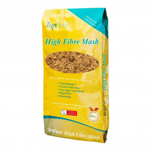 Top Spec High Fibre Mash is very useful for hydrating horses and volumising their feed. Suitable for horses and ponies that are good-doers in that they obtain all the calories they need from forage but either deserve a feed or need a palatable low-calorie carrier for supplements. Cereal-grain-free, low in sugar and starch and therefore 'Non-Heating'.

Soaks quickly in 5 minutes to make an irresistible mash, ideal for horses and ponies that need or prefer a soft feed.

High Fibre Mash is designed to be fed with any TopSpec Feed Balancer or an appropriate TopSpec supplement as it does not contain any added vitamins or trace-elements. It is supplemented with the major minerals calcium, sodium and magnesium.

High Fibre Mash should be soaked in cool or warm water for 5 minutes prior to feeding with 1 part dry mash to 2 parts water, the resulting wet mash will have a DE of 3.5MJ/KG.