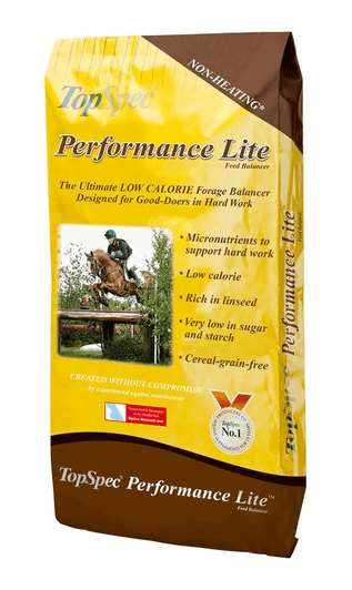 Performance Lite Feed Balancer is designed for good-doers in hard work that need their weight controlled, perhaps because of good grazing/forage quality. It is very important that this group of horses and ponies receive their full requirements of vitamins and minerals to support hard work.

Performance Lite Feed Balancer allows performance horses and ponies to receive these micronutrients in a small amount of very low-calorie feed.

Performance Lite Feed Balancer is a very palatable 'Non-Heating'* feed that contains a multi-supplement including the levels of micronutrients normally only found in high quality specialised supplements. When TopSpec Performance Lite Feed Balancer is fed there is therefore usually no need to add any further vitamin and mineral supplements, other than salt and/or electrolytes for sweating horses, and a nutraceutical joint supplement if required. A complete specification is freely available.

*'Non-Heating' this term in