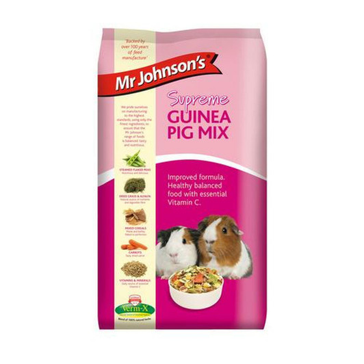 Mr Johnson's Supreme Guinea Pig Mix is a fibrous, nutritious and wholesome blend of steam flaked peas, cereals, grass, alfalfa, pellets and extrusions - supplying your guinea pig with a tasty, healthy food in a variety of textures to encourage the natural foraging instinct. Feeding the correct diet to your guinea Pig is essential for maintaining good health. Fibrous feed is required to aid normal digestive function and aid essential dental wear. Guinea pigs also require a daily source of vitamin C, which is provided by Supreme guinea pig food.

Mr Johnson’s Supreme Guinea Pig Mix is a complementary feed for guinea pigs and should be fed together with unlimited access to good quality hay which is a good source of fibre and an essential part of your guinea pigs diet. A small quantity of fresh greens should also be fed daily and fresh clean water should always be available.