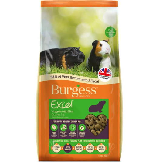 Suitable for Guinea Pigs.

Burgess Excel Tasty Nuggets for Guinea Pigs is a delicious, complementary food for guinea pigs that is high in fibre, Vitamin C and rich in nutrients to keep them healthy and happy.

Burgess Excel Tasty Nuggets for Guinea Pigs is blended into a tasty nugget; nugget foods help prevent selective feeding by removing the ability for your guinea pig to only eat the parts of a traditional muesli mix it likes, ensuring it receives the full benefit of its feed.

Your guinea pig's diet should be supplemented with additional roughage which can be provided through feeding hay, this not only aids your guinea pig's digestion but the gnawing action will also help to keep it's teeth trim and healthy.

Guinea Pigs are Fibrevores and require a blend of the two key fibres in order to maintain a healthy digestive system:
Digestible Fibre - the essential source of nutrients to keep your guinea pig happy and healthy;
Indigestible Fibre - helps keeps the digestive system moving and aids to grind down teeth.

The correct ratio of these two types of fibre called Beneficial Fibre is vital for:
Digestive Health - ensures the digestive system is healthy and working;
Dental Health - keeps teeth worn down at right size and shape;
Emotional Health - encourages natural behaviour, prevents boredom and helps bonding.