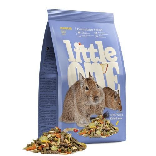 Degus are soft animals with a charming tassel on their tail. Degus are prone to diabetes, so the composition of the feed is chosen in such a way that it low in fat content and easily digestible carbohydrates. The feed does not contain sweet ingredients and is maximally balanced with nutrition specifically for these animals with a delicate digestive system. The deliciously tasty Little One feed for degus represents a special feeding approach, designed to nourish small mammals according to their evolutionary adaptation to a diet rich and diverse in herbs, vegetables and many other ingredients.


Every pack of nutrient-dense Little One feed for degus contains:
- 28 different biologically appropriate ingredients to mirror the degus' natural diet.
- 30% of the feed are aromatic and freshly grown meadow grasses and herbs to create a ration richly varied in fiber and to mirror the natural diet.
- 16,5% of high-quality fiber for optimal health and digestion.
- 15,2% of richly nourishing protein to ensure the proper functioning of the body.
- 11,3% of various vegetables to make the feed deliciously tasty for even the fussiest pets.
- 0% of sweet ingredients to prevent diabetes.
- 20 elements of vitamin and mineral complex presented in the most digestible form. The complex is a great source of virtually every nutrient a degu needs.
- FOS as natural prebiotics will provide a comfortable digestion.
- Biotin and zinc will help to keep the pet's coat shiny and the skin healthy.
- Yucca extract will help prevent the appearance of an unpleasant odours.