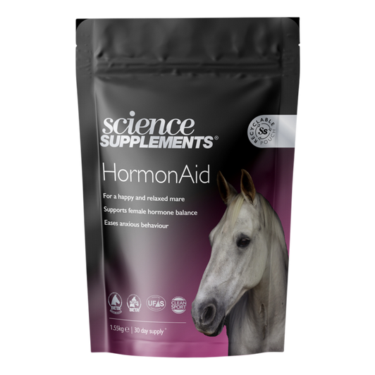 Spring and summer can be testing times for the ridden mare. Oestrus cycles cause sudden, dramatic changes in hormone levels resulting in irritable and irrational behaviour.
HormonAid is designed to work alongside the natural cycle of the mare, helping to relieve tension and support a more amenable demeanour. HormonAid contains Vitex Agnus Castus, which supports hormone production, helping to ease transitions through the oestrus cycle.
Lemon Balm, L-Theanine and Passion Flower provide herbal support to help encourage a stable mood, alongside Vitamins B1, B6 and D3 to promote a good mental attitude.
Finally, added magnesium helps to ease hormone associated muscle cramps and/or tenderness which may cause mares to feel uncomfortable under saddle at certain times in their cycle. Spring and summer can be testing times for the ridden mare. Oestrus cycles cause sudden, dramatic changes in hormone levels resulting in irritable and irrational behaviour.
HormonAid is designed to work alongside the natural cycle of the mare, helping to relieve tension and support a more amenable demeanour. HormonAid contains Vitex Agnus Castus, which supports hormone production, helping to ease transitions through the oestrus cycle.
Lemon Balm, L-Theanine and Passion Flower provide herbal support to help encourage a stable mood, alongside Vitamins B1, B6 and D3 to promote a good mental attitude.
Finally, added magnesium helps to ease hormone associated muscle cramps and/or tenderness which may cause mares to feel uncomfortable under saddle at certain times in their cycle.