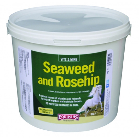Seaweed is very rich in over 60 different minerals and trace elements. Rosehips are rich in Vitamin C and A, B1, B2, B3, K and flavanoids. A good source of naturally occuring minerals and vitamins to help maintain and strengthen hooves.