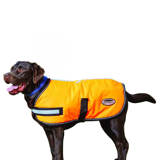 Showerproof and breathable dog coat offering reflective protection. With a 300 denier outer fabric and 220g of polyfill. Additional features include adjustable touch tape chest and belly closures with reflective strips. Perfect for walking your dog in the dark or gloomy weather in a highly visible colour and with reflective strips for added safety.