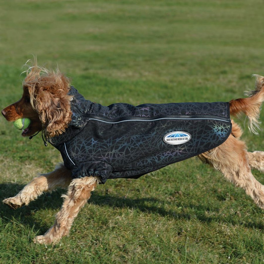The WeatherBeeta ComFiTec Reflective Print Active Dog Coat is ideal for walks in cooler to milder weather, with a soft shell outer fabric that's bonded with fleece to keep your dog warm and cosy. The dog coat is both showerproof and windproof to protect your dog from the elements. The zip along the back seam of the coat ensures a super snug fit, as well as covering your dog's belly for extra warmth in cooler conditions, and is lined to protect your dog's coat. The high neck design with elastic draw string ensures great fit and extra protection, with reflective piping for safety at night and lined lugholes with elastic to provide optimum freedom of movement. Lead hole for convenience.