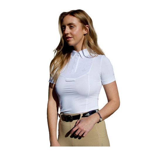 Our new classic show shirt is lightweight and breathable, with short sleeves for a more comfortable fit under your show jacket than your more traditional show shirts. Button up and loop hole to secure tie in place.