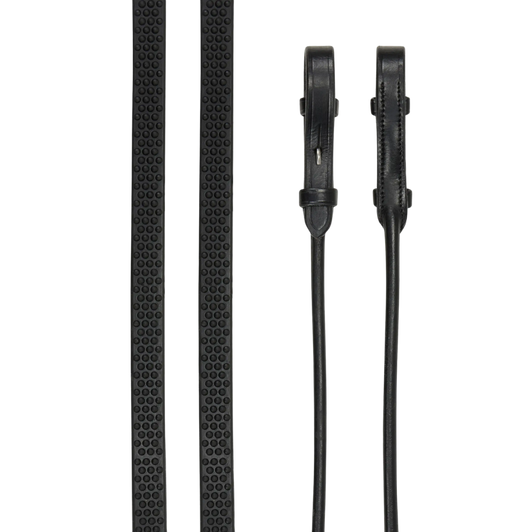 This elegant rolled rein is designed to accompany the rolled patent bridle.

Soft and flexible under the hand, this strong, nylon-lined, textured rubber rein boasts unparalleled grip in any weather.

Discreet billet ends attach to the bit.