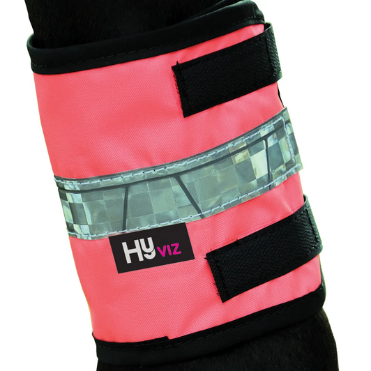 HyVIZ Leg Bands fit neatly around the horse's leg or over their boots. Fluorescent with silver retro-reflective tape for style and safety. These durable leg bands have a mesh inner lining to prevent the horse getting hot and fasten with two strong touch tape straps. Machine washable at 40ºC. All year round visibility. 1 pair per pack.