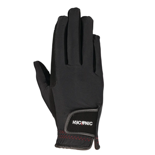 These smart gloves are made from a four-way stretch back for a flexible fit, with a synthetic suede palm and a reinforced forefinger and thumb for a sure grip on the reins. The touch tape cuffs feature a silicone HyCONIC logo and ensure a snug and secure fit. Finished with red detailed stitching for a smart look. These smart gloves are made from a four-way stretch back for a flexible fit, with a synthetic suede palm and a reinforced forefinger and thumb for a sure grip on the reins. The touch tape cuffs feature a silicone HyCONIC logo and ensure a snug and secure fit. Finished with red detailed stitching for a smart look.