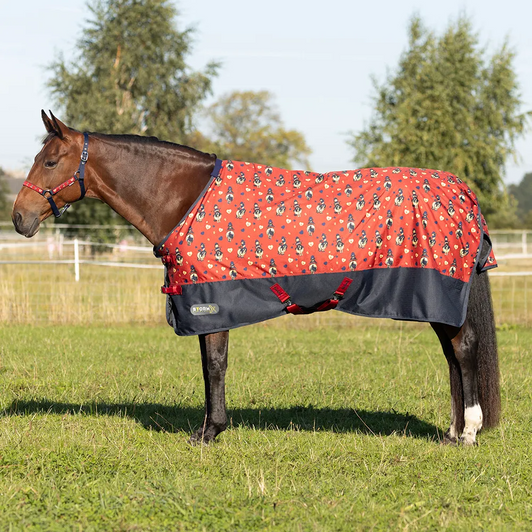 This fun yet versatile mediumweight turnout rug features the funky Thelwell horse and rider characters printed on the red rug! The Thelwell logo is embroidered on the surcingle straps. Made from 600 denier with a ripstop and waterproof weave, this fabric is perfect for hard wear in the field and features a navy drip strip. The 100g fill will keep your horse nice and warm in the changeable weather. Finished with a fleece lined wither, twin buckle chest closure and adjustable leg straps.
