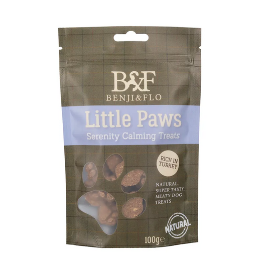 Benji & Flo “Little Paws” natural dog treats combine delicious flavours from real meats, vegetables and wholesome ingredients. These treats are free from artificial additives and not only satisfy your dog’s taste buds but also support their health with nutritious, low-calorie goodness. These Serenity Calming Treats are packed with tasty turkey, chamomile and valerian root extract to help support you dogs nervous system and keep them calm.Making them a popular healthy treat for your best friend!