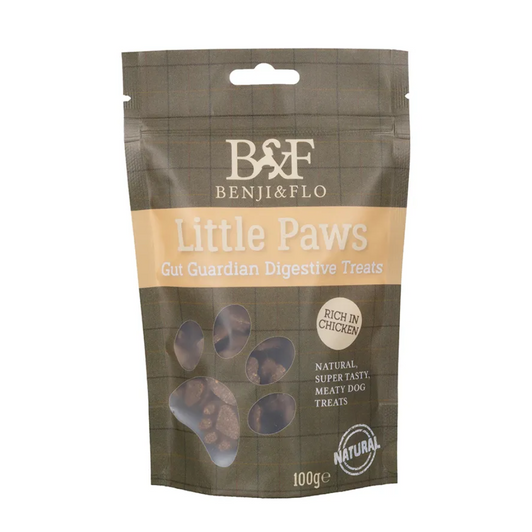 Benji & Flo “Little Paws” Gut Guardian Digestive Treats natural dog treats combine delicious flavours from real meats, vegetables and wholesome ingredients. These treats are free from artificial additives and not only satisfy your dog’s taste buds but also support their health with nutritious, low-calorie goodness. These Gut Guardian Digestive Treats are packed with tasty chicken, sweet potato, turmeric and ginger to help support your dog’s gut health.Making them a popular healthy treat for your best friend!
