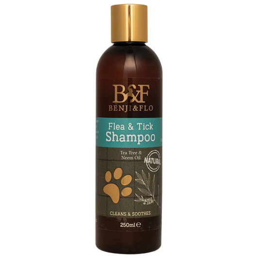 Benji & Flo Flea & Tick Shampoo is specially formulated with natural ingredients and infused with tea tree and neem oil to help eliminate fleas, ticks, and other insects from your dog’s coat. Its deep-cleansing yet gentle formula removes dirt and grease while soothing irritated skin, leaving the coat soft, shiny and refreshed.