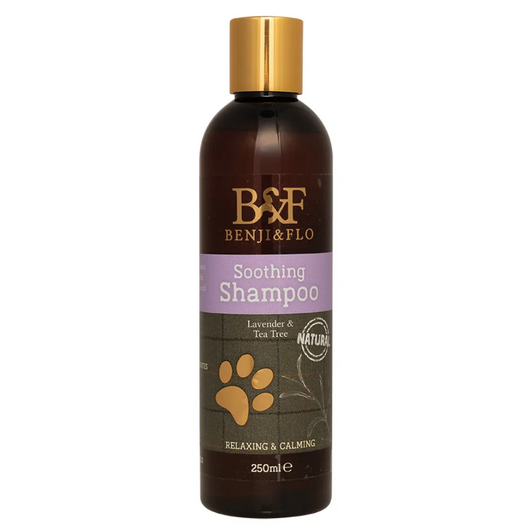 Discover the natural comfort of Benji & Flo Soothing Shampoo. Infused with the soothing essence of lavender and the rehydrating power of tea tree oil, our mild formula gently cleanses while calming irritation and dryness. Resulting in a happier, more comfortable dog with a soft, shiny, and naturally healthy coat. Discover the natural comfort of Benji & Flo Soothing Shampoo. Infused with the soothing essence of lavender and the rehydrating power of tea tree oil, our mild formula gently cleanses while calming irritation and dryness. Resulting in a happier, more comfortable dog with a soft, shiny, and naturally healthy coat.