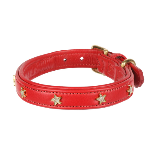 Treat your superstar dog to an eye catching Digby & Fox star studded dog collar. Crafted from leather with soft cushioned leather lining for greater comfort and studded with enamelled glittery stars outlined in gold colour metal. Available in a range of colour shades, complete the look with a matching padded lead which can be purchased separately. Finished with leather trims and brass fittings for a quality feel.