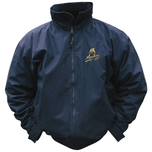 Trendy blouson style jacket, water resistant yet breathable. Durable outer material with fleece lined inner. Features include zip up slant pockets, pocket on arm, inside pocket, elasticated cuffs, and lining zip to allow embroidery on back panel. With a small Mackey logo on front breast.