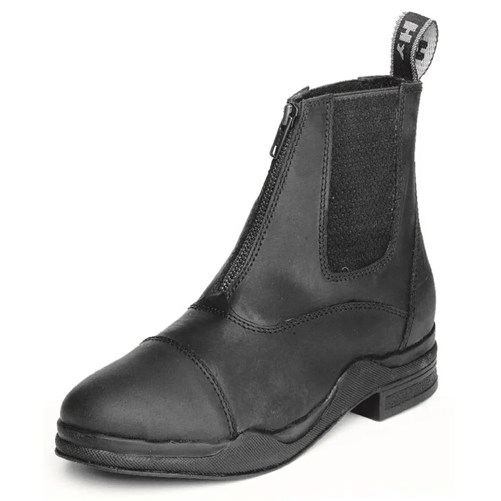 A zip fronted wax leather jodhpur boot. This boot boasts a leather upper made from calf leather to make it suppler and incredibly comfortable. TPR sole composition with synthetic lining. Elasticated side gussets.