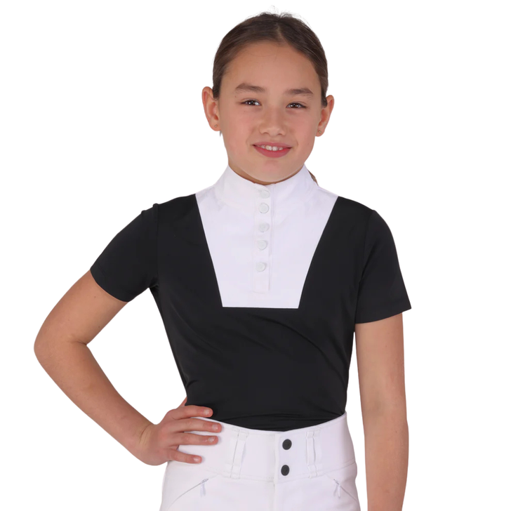 Aubrion Optima is created for elite competition performance using modern design technology, innovative fabrics, and championship ready styling. Optima young rider show shirts offer advanced mobility and technical support through all levels of competition and all disciplines. The cut allows a contour fit; the elegant high collar and short sleeves present a neat finish. Cool stretch fabric feels soft and comfortable; moisture management and quick dry technologies give fresh feel athletic efficiency. Smart and timeless, the MX design incorporates traditional styling details, offering a classic and polished presentation that never goes out of style. A refined self-colour Aubrion logo at the centre back adds a subtle nod to elevated equestrian design.