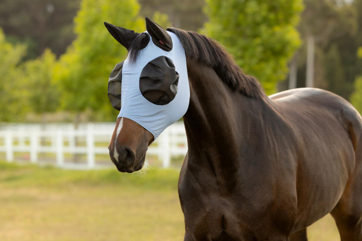 Provide your horse with relief from flies, bugs and other irritants with the Bug Relief Half Mask. With 75% UV protection, it's a must-have accessory during warm spring and summer months.

Anatomically shaped for security and comfort, the soft, four-way stretch fabric provides a close and comfortable fit. The pull-on design minimises the chance of rubbing and stops any flies from getting under the mask.

Bug-eye eye darts maximise freedom and visibility around the eyes, while breathable mesh ears provide airflow to keep your horse cool and comfortable. A forelock slit offers increased comfort and security.