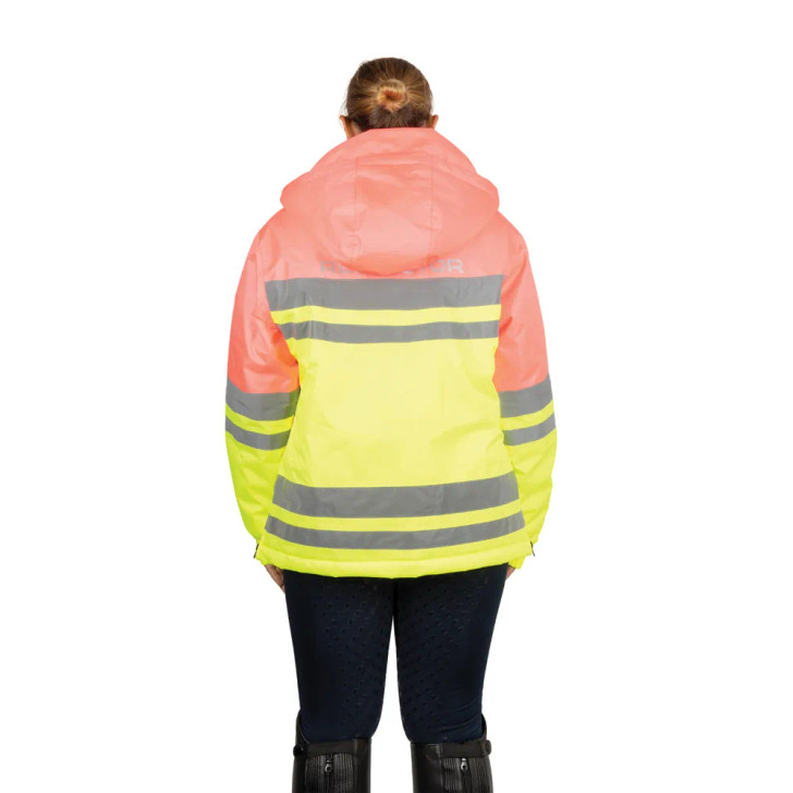 The Reflector Two Tone Coat is a high-visibility outer layer designed for riders and outdoor enthusiasts who need safety, comfort, and protection in all weather conditions. The bold design combines different coloured fluorescent fabrics for standout visibility during both daylight and low-light hours. Reflective strips are strategically placed around the body, sleeves, and back to provide full 360-degree visibility, ensuring the wearer can be seen from every angle. Made with a durable, waterproof outer, the coat offers protection against rain and wind with light padding to ensure warmth without overheating. The tailored cut allows for ease of movement and a flattering fit, making it suitable for active use on horseback or on foot. The coat includes practical features such as secure zipped pockets for carrying essentials and handy two-way zip to enhance comfort and fit.